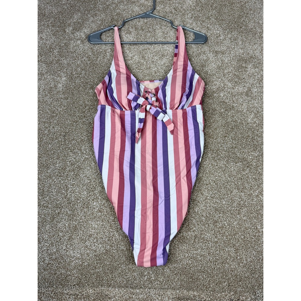 Isabel Maternity by Ingrid & Isabel Striped Lace Up One Piece Swimsuit Large L